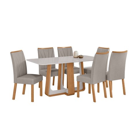 Conjunto Sala de Jantar Mesa Sintonia 170 Tampo Vidro Off White com 6 Cadeiras Apogeu - Lopas Amendo