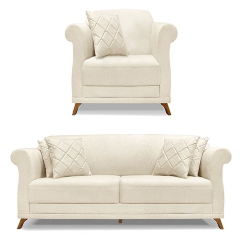 Kit Poltrona e Sofá Living 2 Lugares 1,60m Vênus Linho Natural Pés Castanho - Pallazio