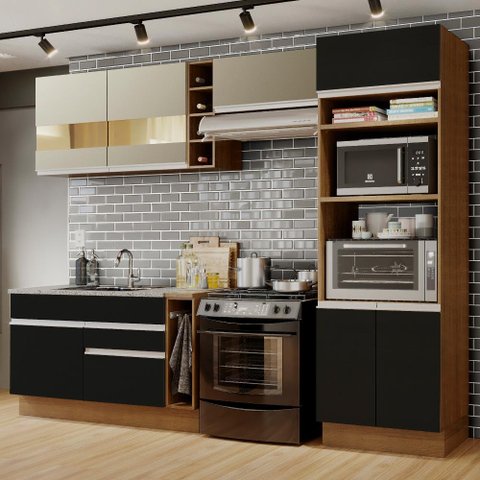 Armário de Cozinha Completa 290cm Rustic/Preto/Crema Cristal Madesa 09