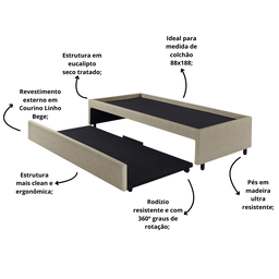 Bicama Box para Dois Colchões Solteiro 88x188 Corino Linho - 5