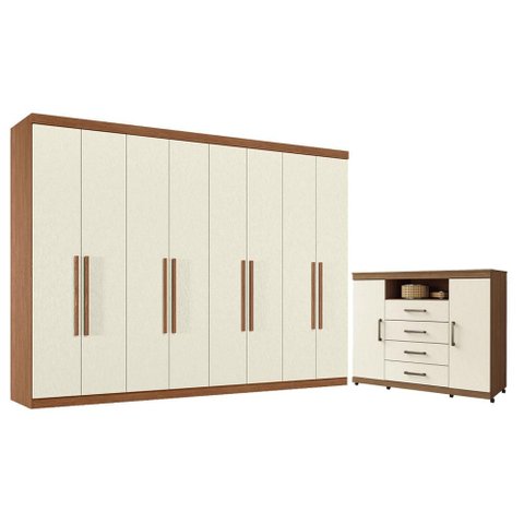 Guarda Roupa Casal 8 Portas 4 Gavetas Master New e Cômoda Havana Master com Rodizio Jatobá Areia - S
