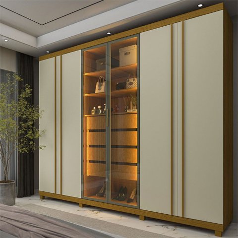 Guarda-Roupa Casal Valenza 6 Portas 4 Gavetas 100% MDF com LED e Vidro Naturale/Off White - Pnr Móve
