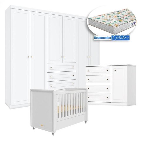 Quarto Infantil Americano 6 Portas com Berço Tutto New Branco Fosco e Colchão Gazin - Henn