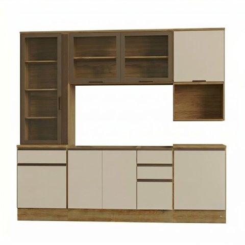 Cozinha Armário 6 Peças Cristaleira Balcão para Pia 258 cm Etna Carvalho Oak Off White Poliman