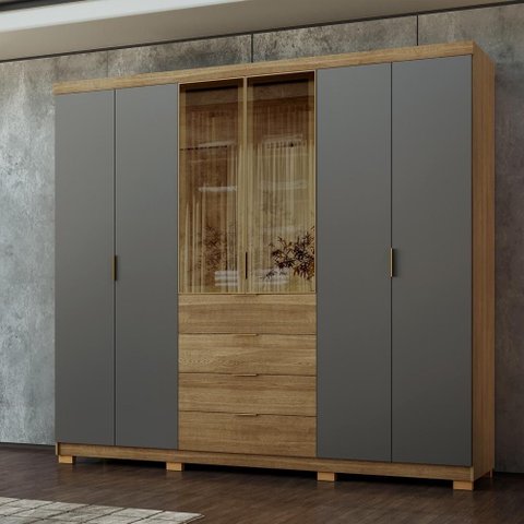 Guarda Roupa Casal MDF Vidro Reflecta 6 Portas 4 Gavetas Dubai Ouro - Nature/Alasca