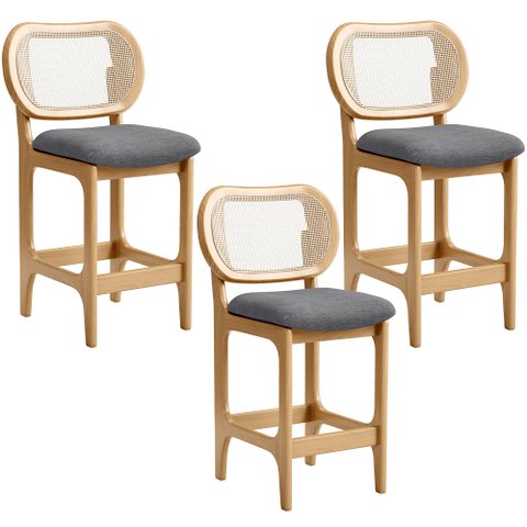 Kit 3 Banquetas Baixa Bar Cozinha Sala de Jantar Betta L02 Mel Tela Linho Cinza Escuro - Lyam Decor