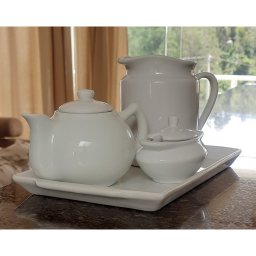 Jogo Café e Chá, Bandeja + Açucareiro barquinha 100ml + Chaleira 400ml + Leiteira 700ml - Porcelana - 3