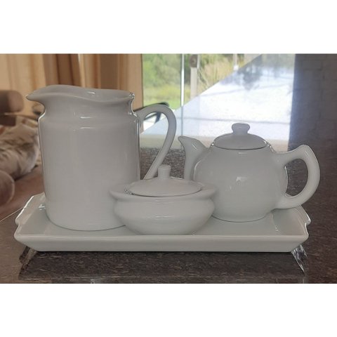 Jogo Café e Chá, Bandeja + Açucareiro barquinha 100ml + Chaleira 400ml + Leiteira 700ml - Porcelana