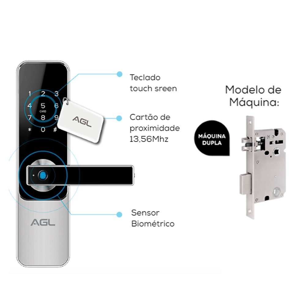 Kit 2 Fechaduras Eletrônica Digital de Embutir H30b Biometria Senha + Cartao + Chave Bluetooth Agl - 6