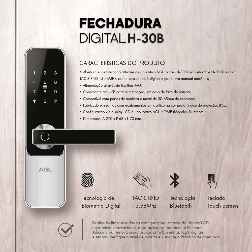 Kit 2 Fechaduras Eletrônica Digital de Embutir H30b Biometria Senha + Cartao + Chave Bluetooth Agl - 4