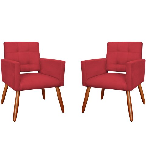 Kit 2 Poltronas Decorativa Camila Suede Vermelho Pés Madeira Mz Decor
