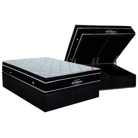 Conjunto Box Baú Queen: Colchão Espuma Ortobom Superpocket Elegant + Base Crc Suede Black(158x198)