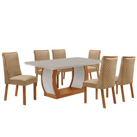 Mesa de Jantar Milena 180cm Tampo MDF Vidro Canto Copo com 6 Cadeiras Yasmin