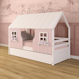 Bicama Casinha Encantada Madeira Maciça Rosa/ Branco Megamobilia