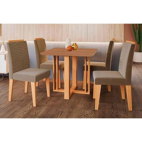 Conjunto: Mesa de Cozinha Flora Tampo Madeirado 95x95cm e 4 Cadeiras Clarice Cinamomo - Carvalho/