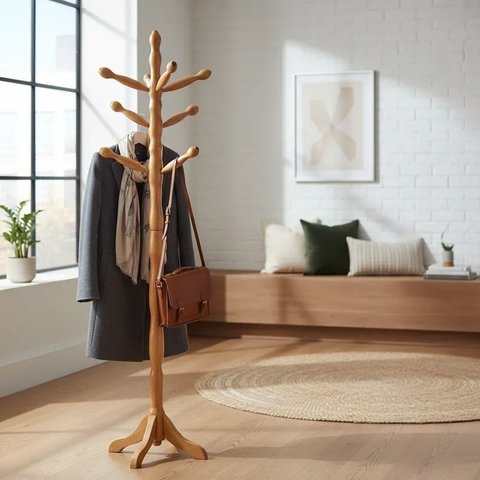 Cabideiro com 8 Ganchos em Madeira Maciça Natural