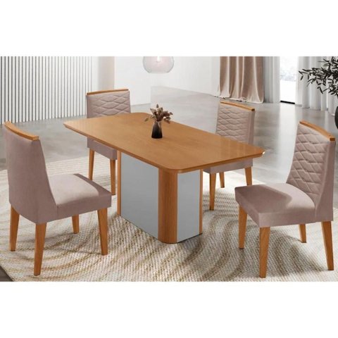 Conjunto: Mesa de Cozinha Pietá Tampo Curvo 120cm+4 Cadeiras Maldivas Madeira Naturale/off White -
