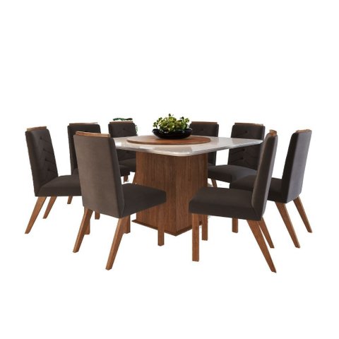 Conjunto Mesa 8 Cadeiras 138/27 - Mdf/mdp Tampo Vidro 130cm Disco Giratório - Zamarchi
