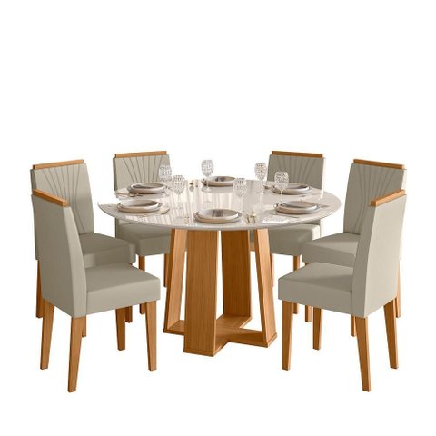 Conjunto Sala de Jantar Mesa Isabela 135x135 6 Cadeiras Cecilia Ype/off White/veludo Nude