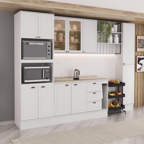 Cozinha Completa com Balcão Milla Rose 11 Portas 3 Gavetas MDF Branco Móveis Carraro