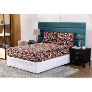 Capa de Colchão Casal 25cm + Fronha Protetor com Zíper Malha Estampada:21 Flor Vermelha