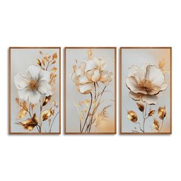 Kit com 3 Quadros Decorativos 30x50 Cm Floral Romantico Contemporaneo com Moldura Retangular Natural - 3