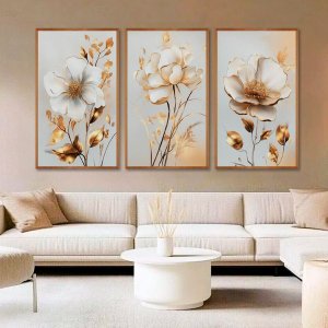 Kit com 3 Quadros Decorativos 30x50 Cm Floral Romantico Contemporaneo com Moldura Retangular Natural