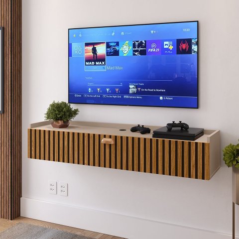 Rack Suspenso Home Classic Estante Tv 32 Polegadas 1 Porta Puxador Concha Quarto Sala Recepção Retrô