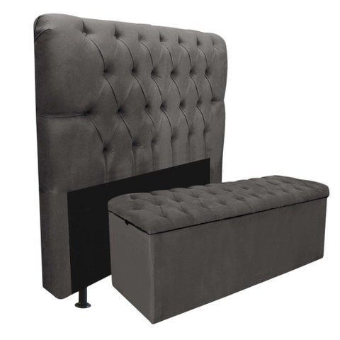 Kit Cabeceira + Calçadeira Baú Capitonê Livia 90cm Solteiro para Cama Box Corino Cinza - Gat Magazin