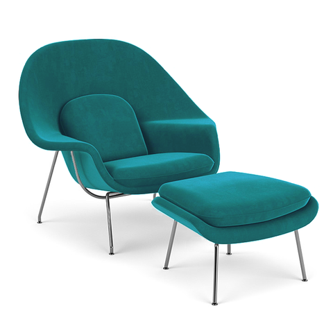 Poltrona Womb Chair com Puff Base Cromada Veludo Turquesa