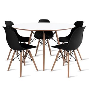 Conjunto de Mesa de Jantar Eames Eiffel Redonda 120cm Tampo de Madeira Branco com 5 Cadeiras Pretas