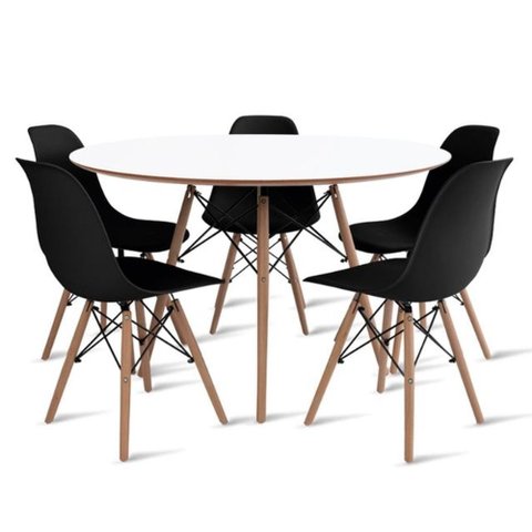 Conjunto de Mesa de Jantar Eames Eiffel Redonda 120cm Tampo de Madeira Branco com 5 Cadeiras Pretas