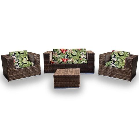 Conjunto de Sofá Fibra Sintética Quadrado - 1 Sofá 2L + 2 Poltronas + 1 Mesa Centro - Tecido Saquare