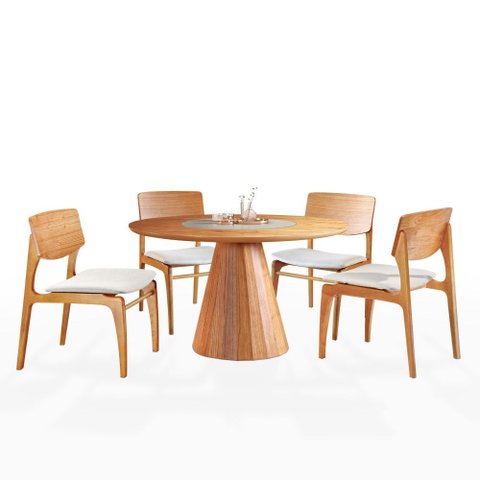 Mesa de Jantar Allure Vidro Centro com 4 Cadeiras Valença Linho Off White 130x130