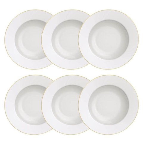 Kit 6 Pratos Fundos Porcelana Branco Borda Dourada Elisa 23c