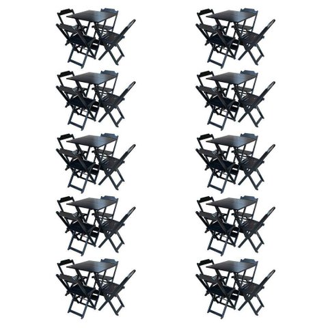 Kit 10 Conjuntos De Mesa Com 4 Cadeiras De Madeira Dobravel 70X70 Qualidade Móveis Guara - Preto