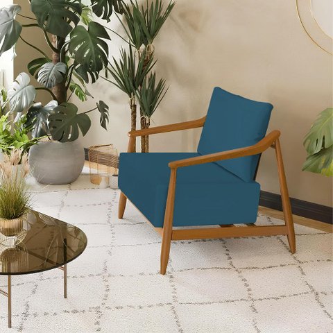 Poltrona Decorativa Vita Estofada Linho Azul Marinho - Mel