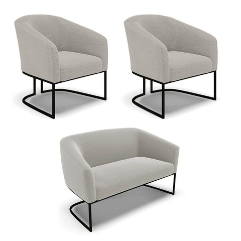 Sofá Namoradeira e 2 Poltronas Industrial Pto Stella Bouclê Cinza D03 - D'Rossi
