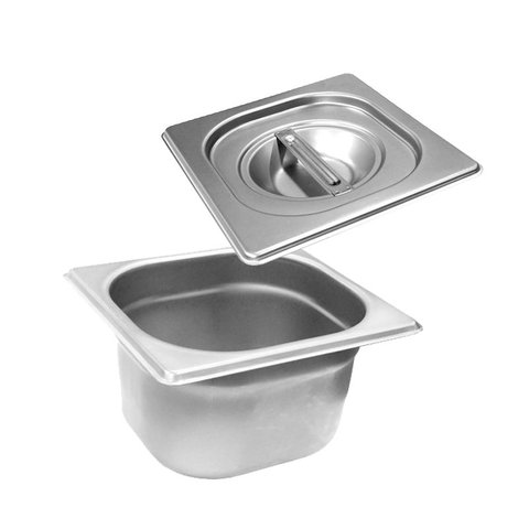 CONJ 5 CUBAS Gastronômicas Em INOX GN 1/6x100 mm 1,5 Litros + 5 TAMPAS 1/6 Em INOX Tradicional Origi