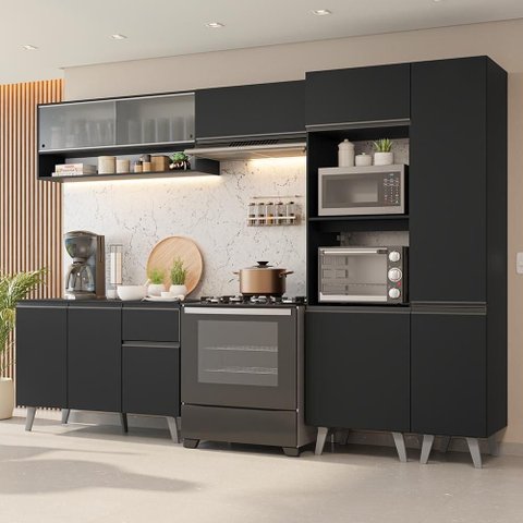 Armário de Cozinha Completa 300 Cm Preto Nice Madesa 08 Preto