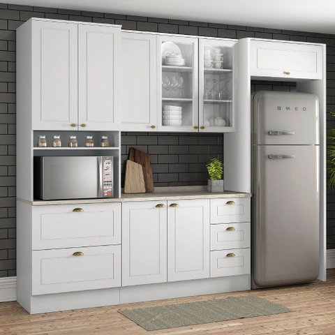 Cozinha Modulada 276,5m 8 Portas 5 Gavetas com Torre de Geladeira Americana Henn - Branco/calcare