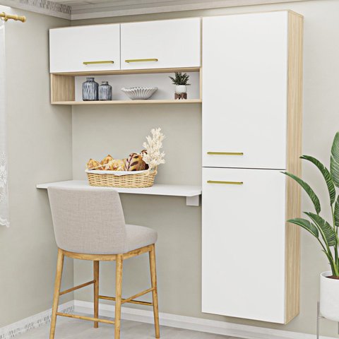 Conjunto Cozinha com Armário Aéreo e Paneleiro Suspenso Aura Branco/Dubai