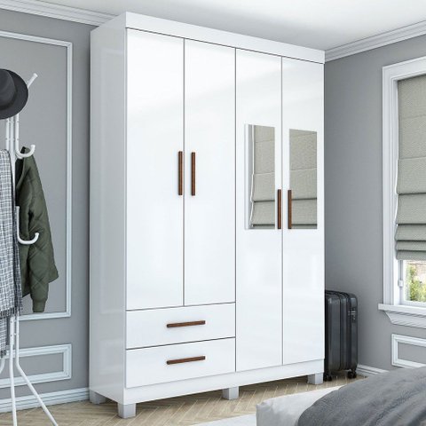 Guarda-roupa Solteiro Solo 4 Portas 2 Gavetas com Pés e Espelho Branco - Pnr Móveis