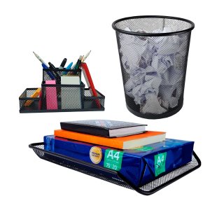 Kit Escritório Lixeira, Organizador de Mesa, Bandeja Preto