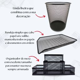 Kit Escritório Lixeira, Organizador de Mesa, Bandeja Preto - 2