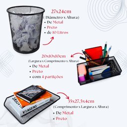 Kit Escritório Lixeira, Organizador de Mesa, Bandeja Preto - 3