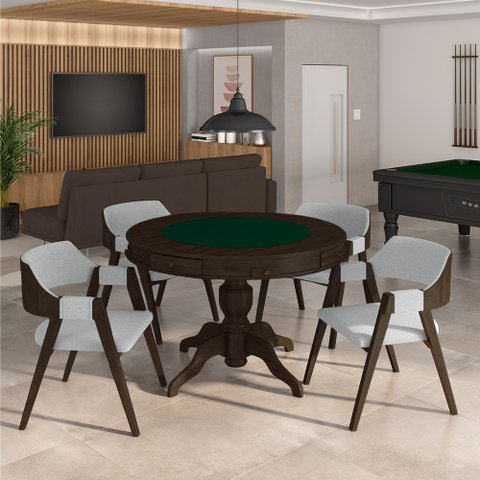 Conjunto Mesa de Jogos Carteado Bellagio Tampo Reversível Verde e 4 Cadeiras Madeira Poker Base Estr
