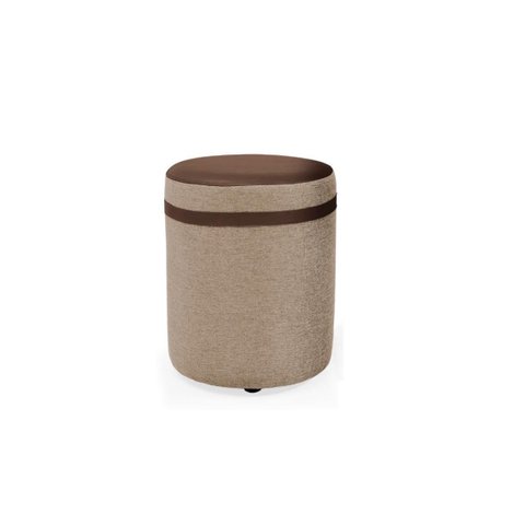 Puff Redondo Comprido Tecido Bege Linho Listra e Corino Marrom Elegante Macio Suporta 120kg Decoraçã