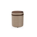 Ver imagem 1 de Puff Redondo Comprido Tecido Bege Linho Listra e Corino Marrom Elegante Macio Suporta 120kg Decoraçã