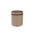 Ver imagem 1 de Puff Redondo Comprido Tecido Bege Linho Listra e Corino Marrom Elegante Macio Suporta 120kg Decoraçã